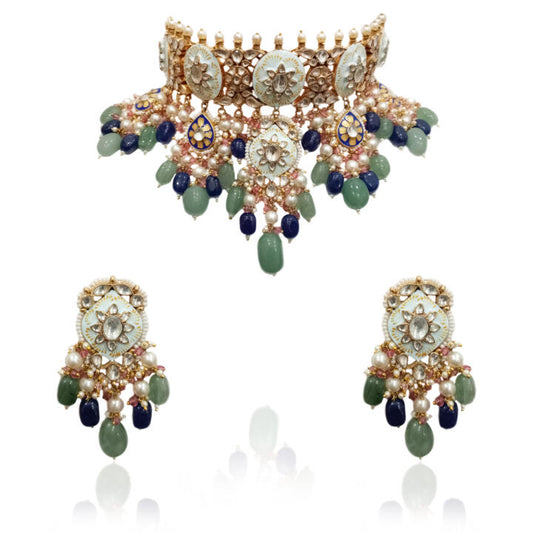 Firozi Meenawork Necklace Set With Blue And Sea Green Beads