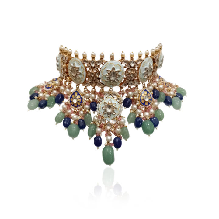 Firozi Meenawork Necklace Set With Blue And Sea Green Beads
