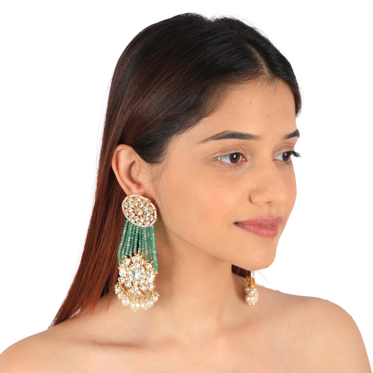 Green And White Gold Tone Sea Green Beaded Long Earrings With Pearl