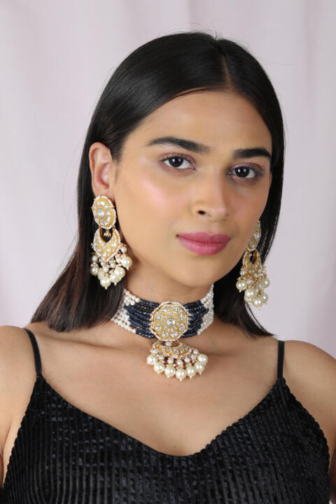 Blue Premium quality gold plated kundan necklace/Fushion-indo western wear choker set