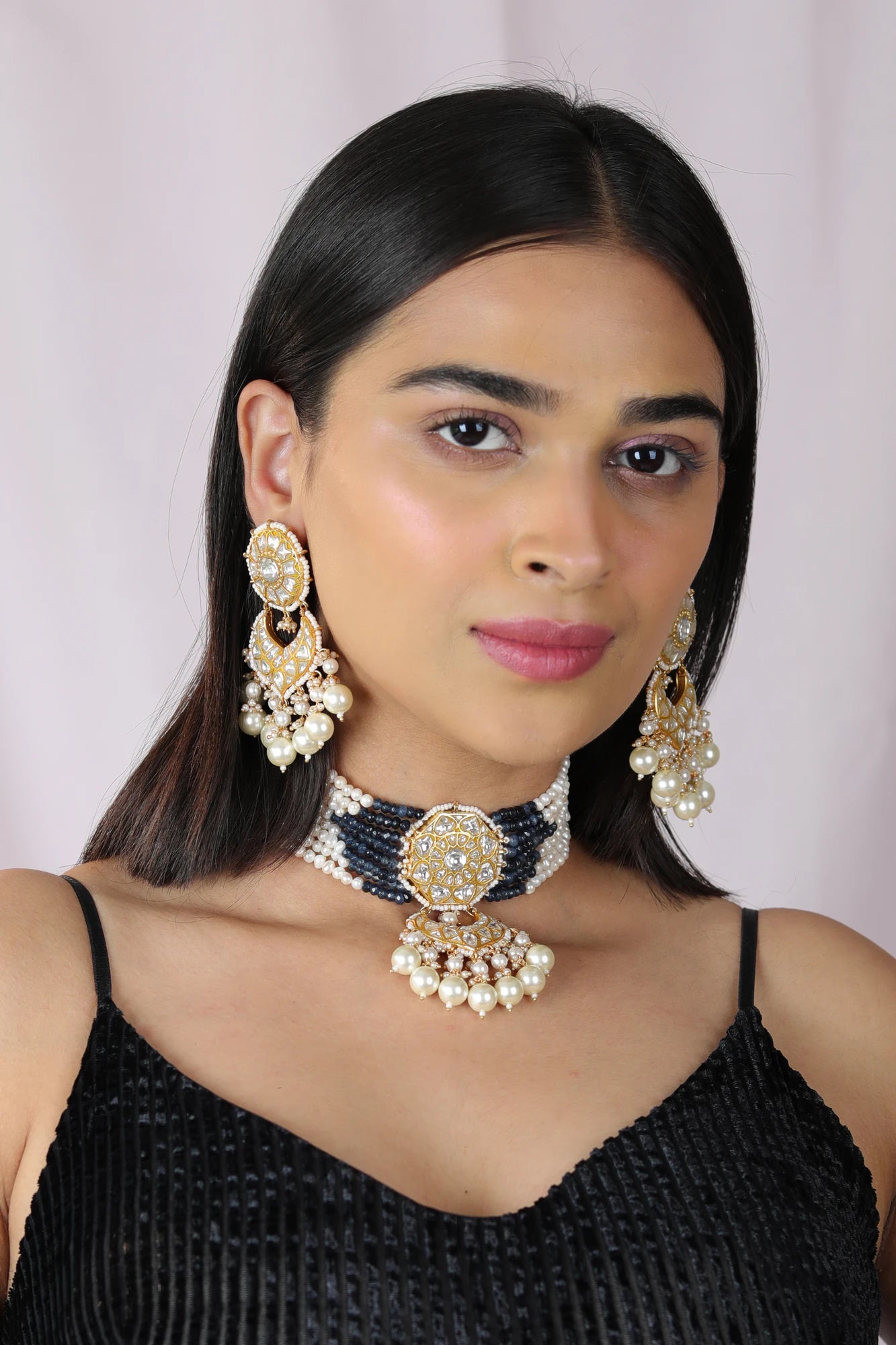 Blue Premium quality gold plated kundan necklace/Fushion-indo western wear choker set