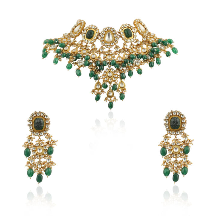 Big White And Green Stone With Light Green Beads Heavy Bridal Set