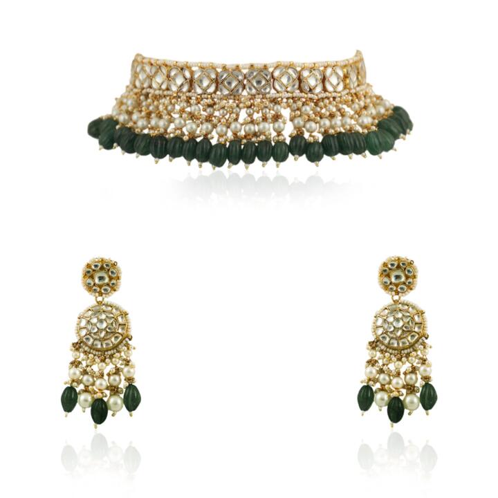 White Small Choker Set With Green Beads