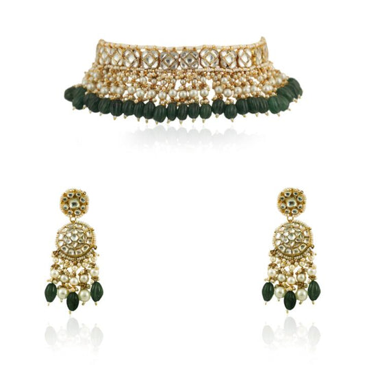 White Small Choker Set With Green Beads