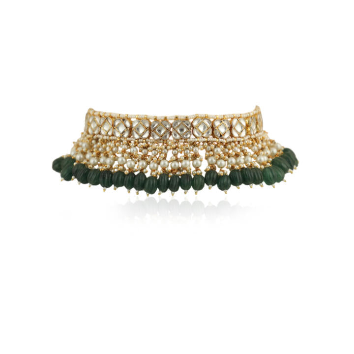White Small Choker Set With Green Beads