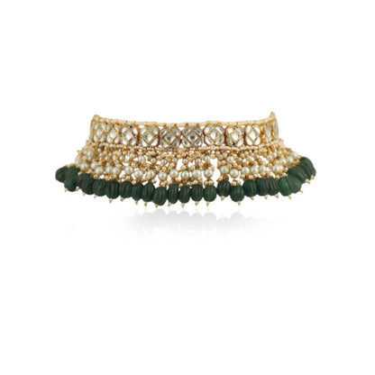 White Small Choker Set With Green Beads