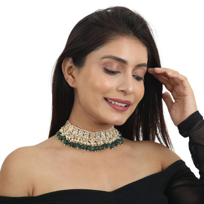 White Small Choker Set With Green Beads