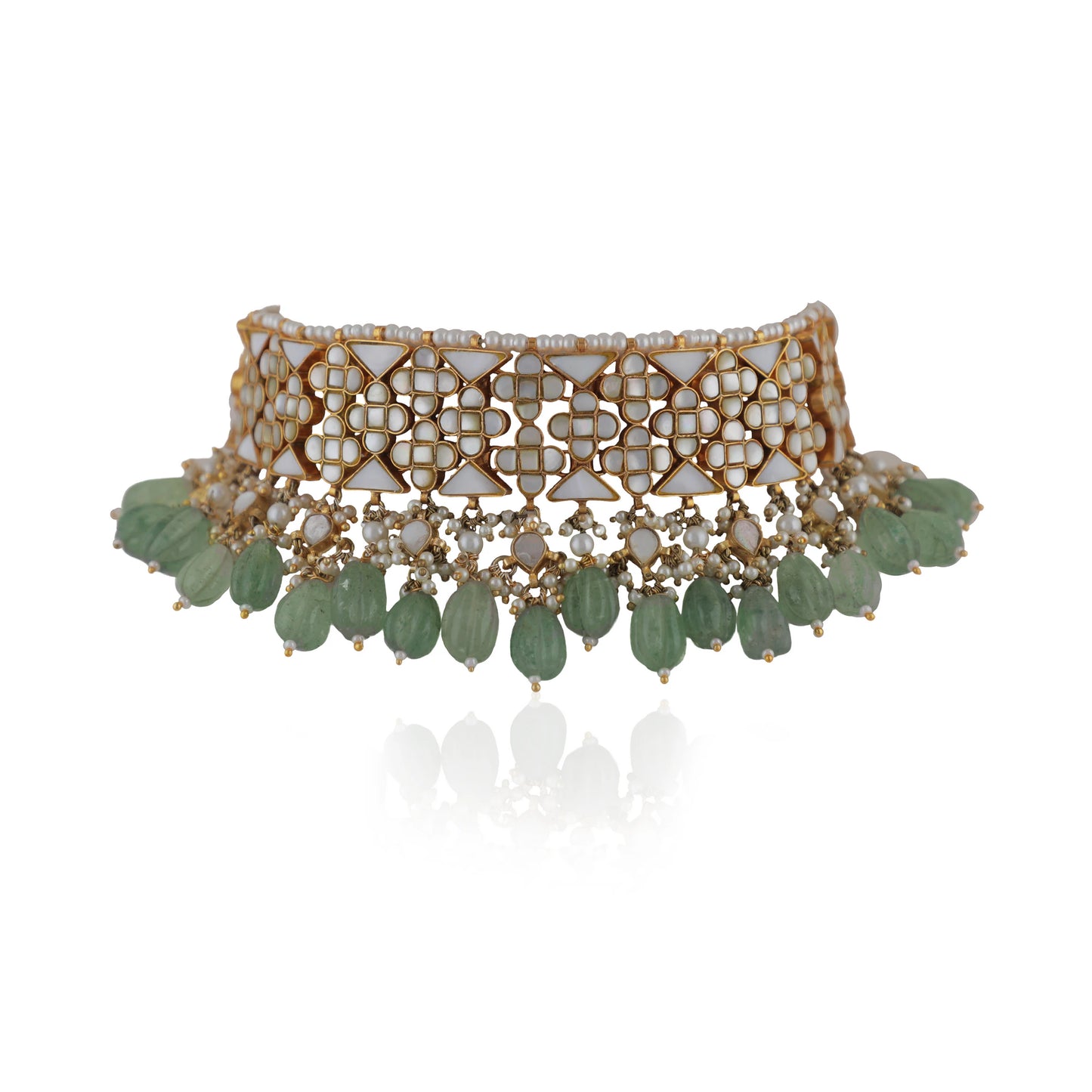 Unique Choker With Mother Of Pearl Stones, Beaded With Sea Green Pearls