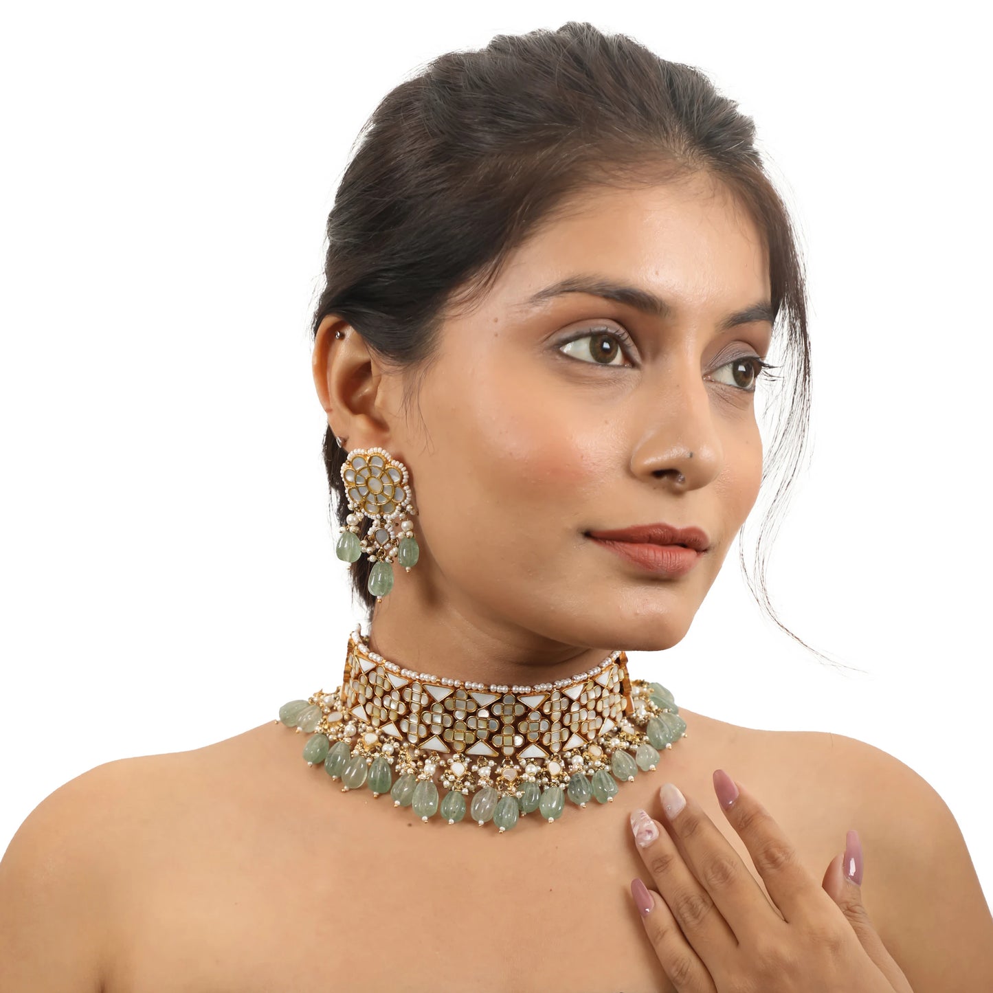 Unique Choker With Mother Of Pearl Stones, Beaded With Sea Green Pearls