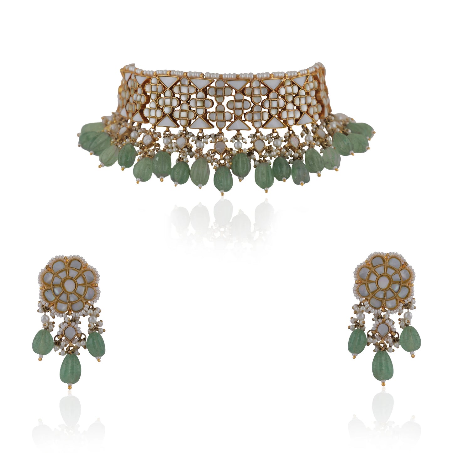 Unique Choker With Mother Of Pearl Stones, Beaded With Sea Green Pearls