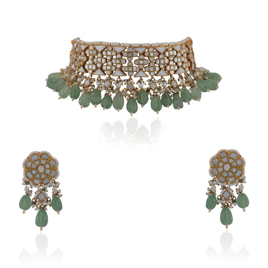 Unique Choker With Mother Of Pearl Stones, Beaded With Sea Green Pearls