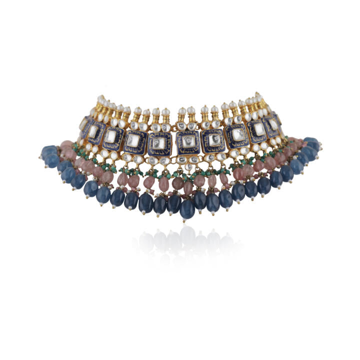Multi Coloured Choker Necklace With Jhumkas Embellished In Blue Mina Work With A Hint Of Pastel Shades