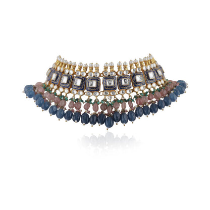 Multi Coloured Choker Necklace With Jhumkas Embellished In Blue Mina Work With A Hint Of Pastel Shades