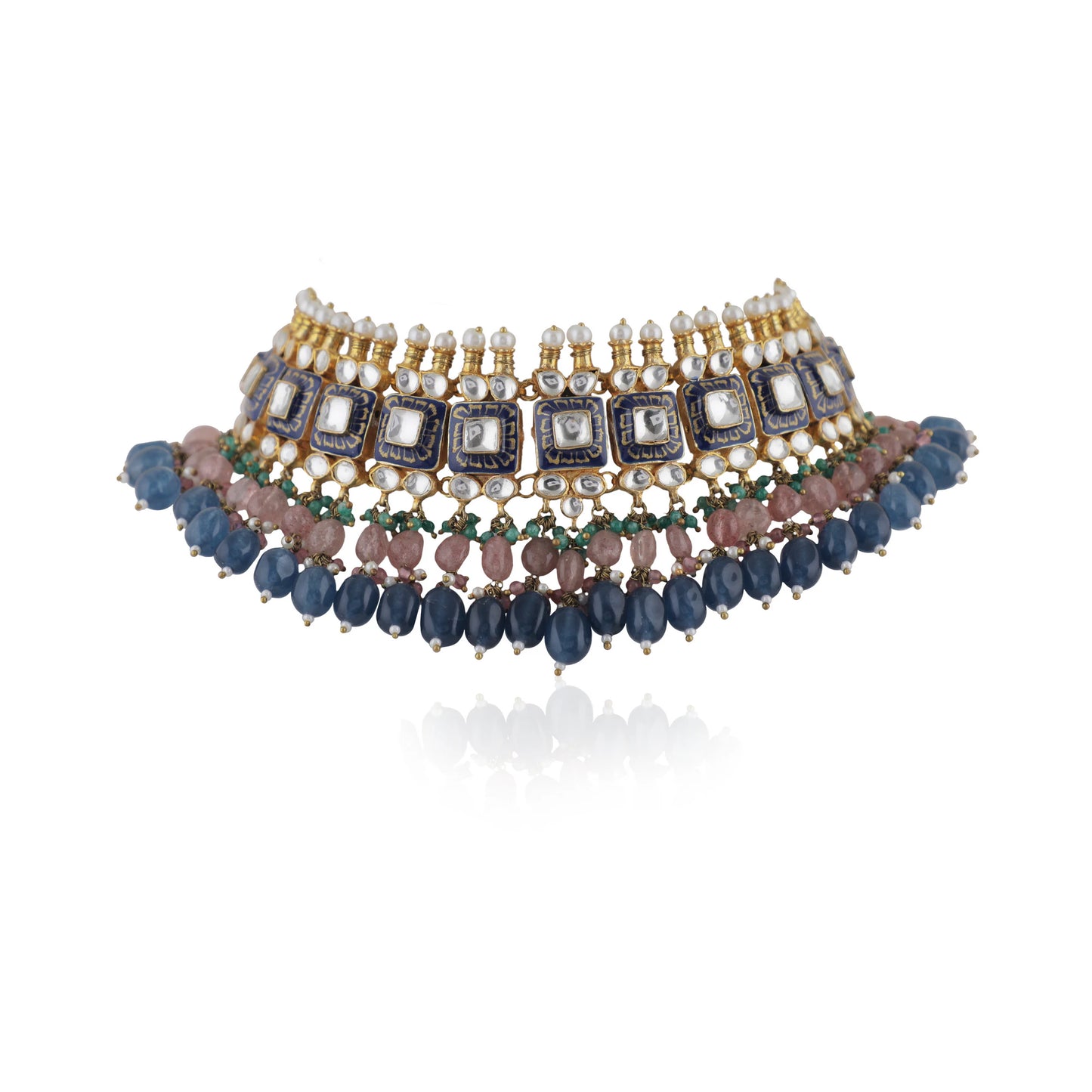 Multi Coloured Choker Necklace With Jhumkas Embellished In Blue Mina Work With A Hint Of Pastel Shades
