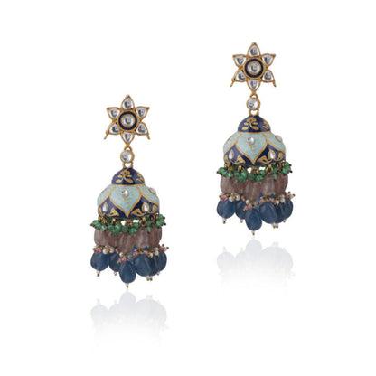 Multi Coloured Choker Necklace With Jhumkas Embellished In Blue Mina Work With A Hint Of Pastel Shades