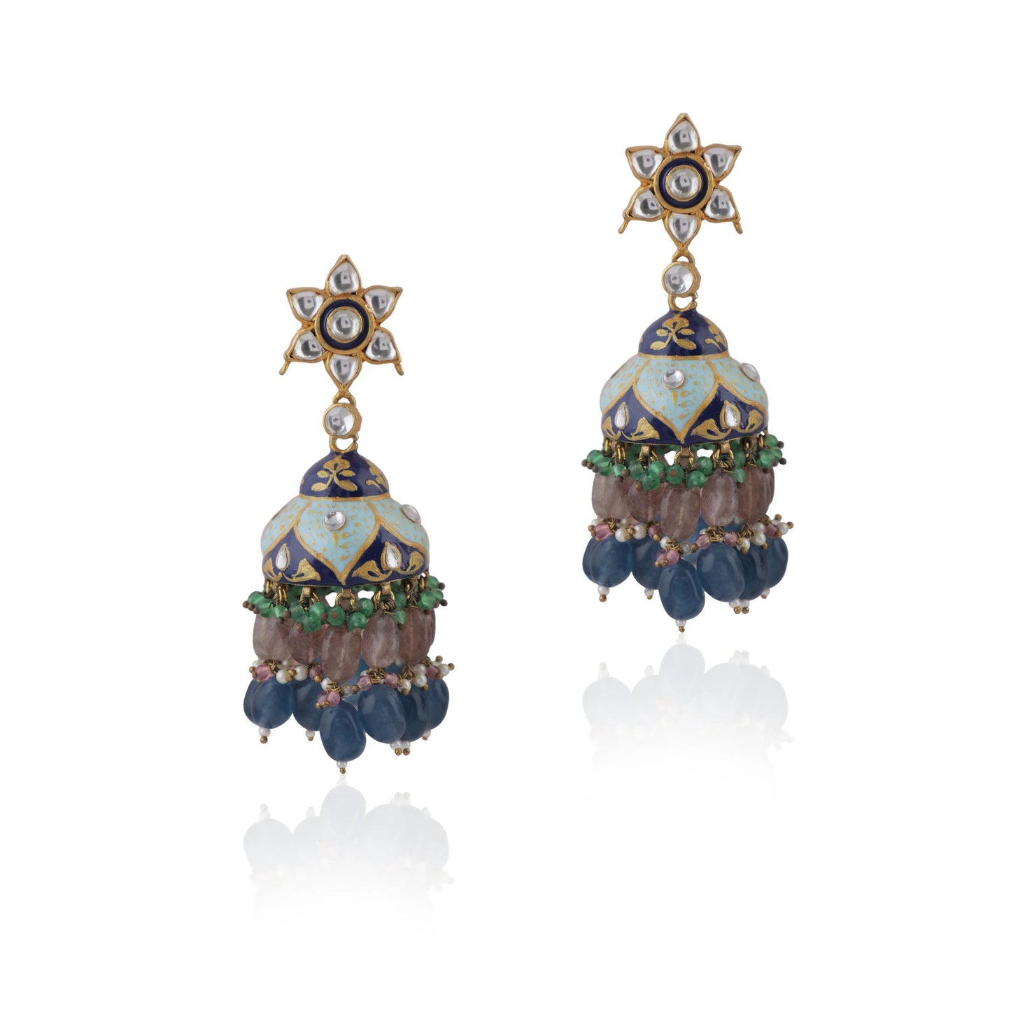 Multi Coloured Choker Necklace With Jhumkas Embellished In Blue Mina Work With A Hint Of Pastel Shades