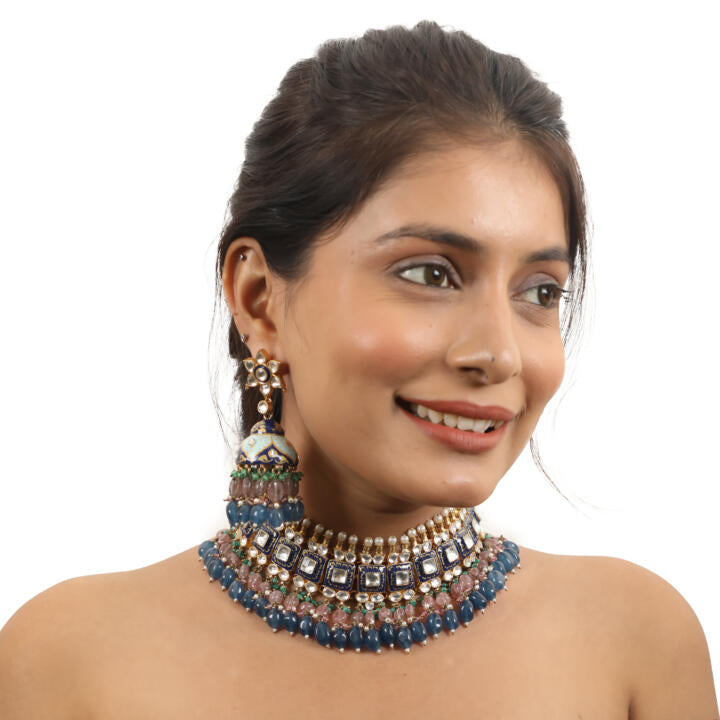 Multi Coloured Choker Necklace With Jhumkas Embellished In Blue Mina Work With A Hint Of Pastel Shades