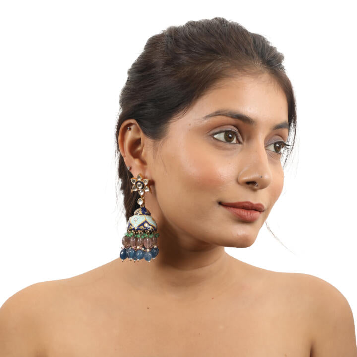 Multi Coloured Choker Necklace With Jhumkas Embellished In Blue Mina Work With A Hint Of Pastel Shades