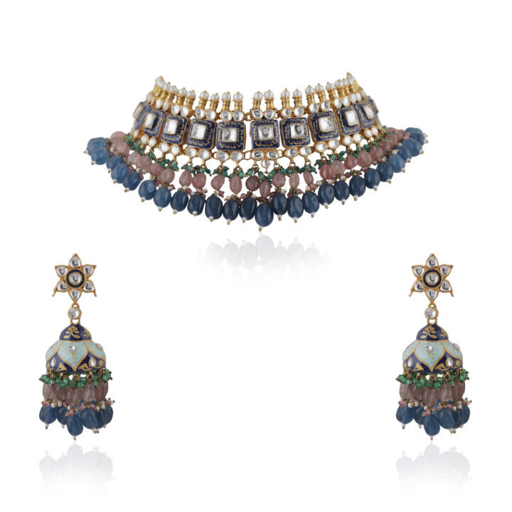 Multi Coloured Choker Necklace With Jhumkas Embellished In Blue Mina Work With A Hint Of Pastel Shades