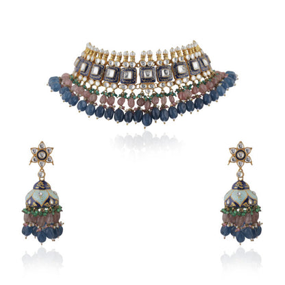 Multi Coloured Choker Necklace With Jhumkas Embellished In Blue Mina Work With A Hint Of Pastel Shades