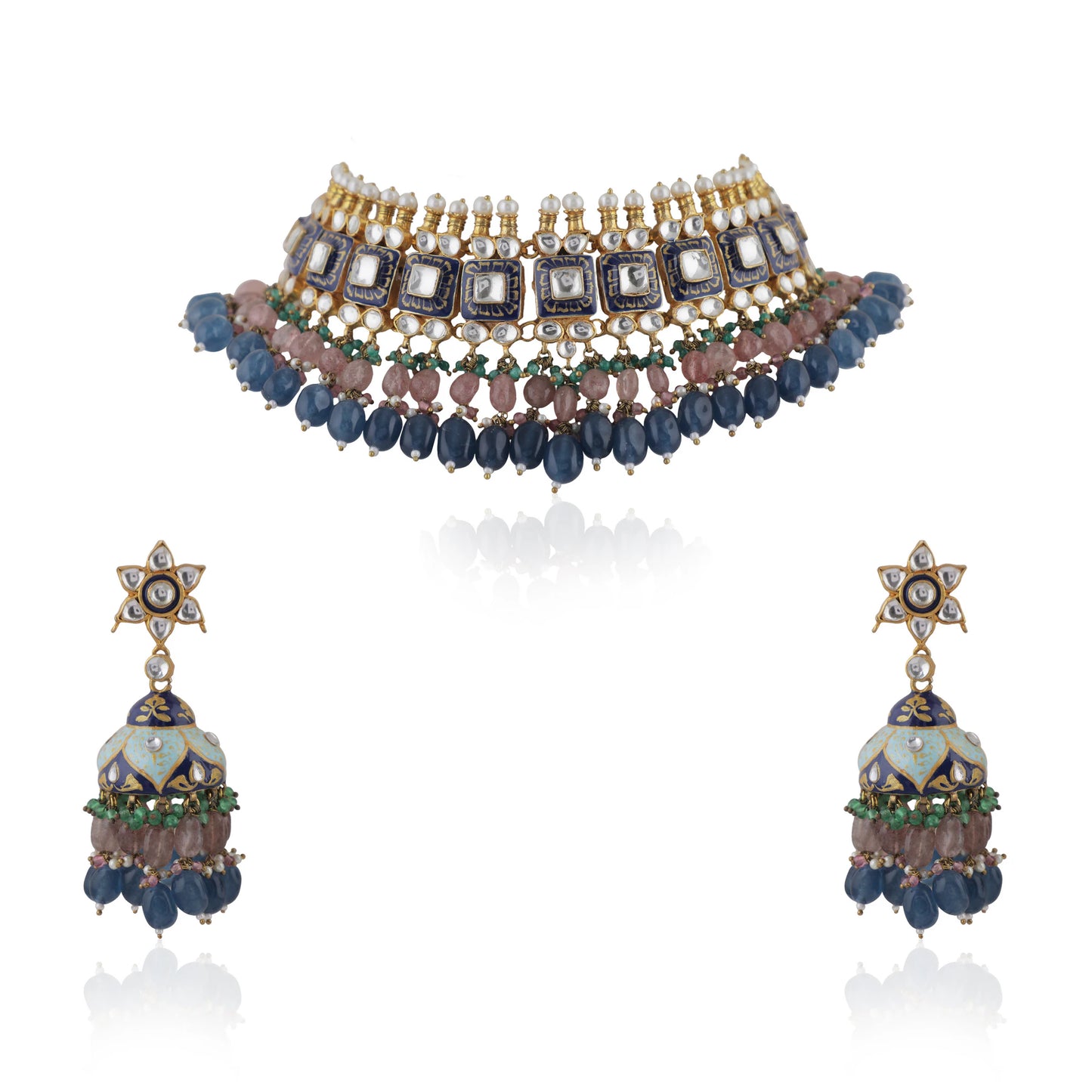 Multi Coloured Choker Necklace With Jhumkas Embellished In Blue Mina Work With A Hint Of Pastel Shades