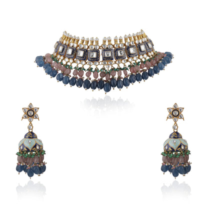 Multi Coloured Choker Necklace With Jhumkas Embellished In Blue Mina Work With A Hint Of Pastel Shades