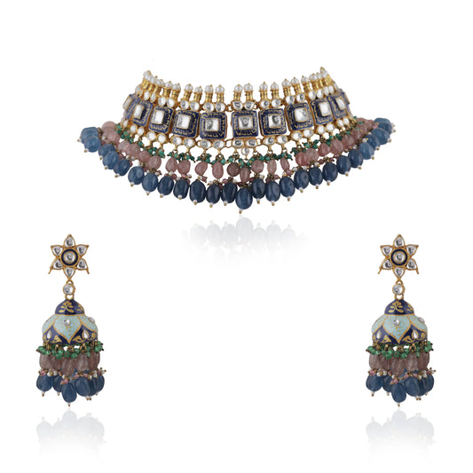 Multi Coloured Choker Necklace With Jhumkas Embellished In Blue Mina Work With A Hint Of Pastel Shades