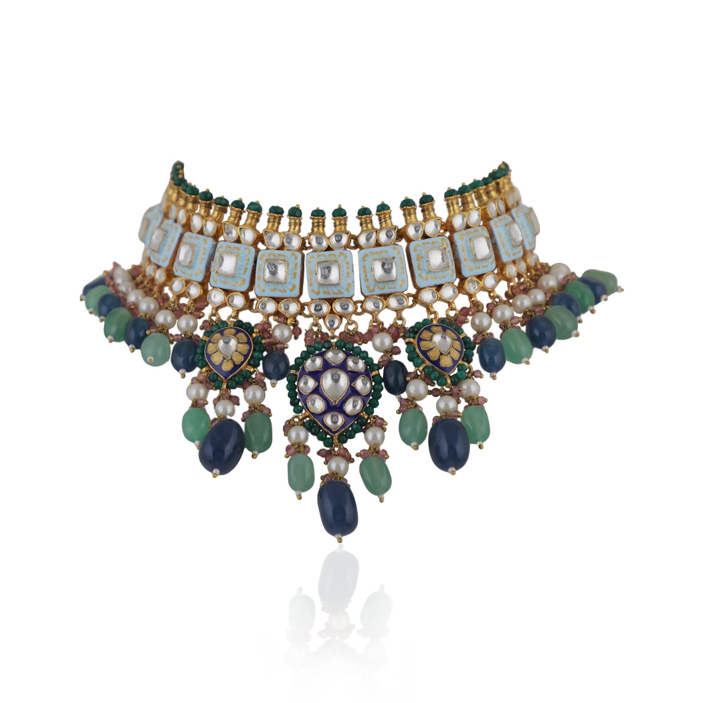 Choker Necklace Design In Multicolour Shades Of Blues And Greens With Jhumki Earings