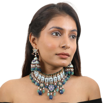 Choker Necklace Design In Multicolour Shades Of Blues And Greens With Jhumki Earings