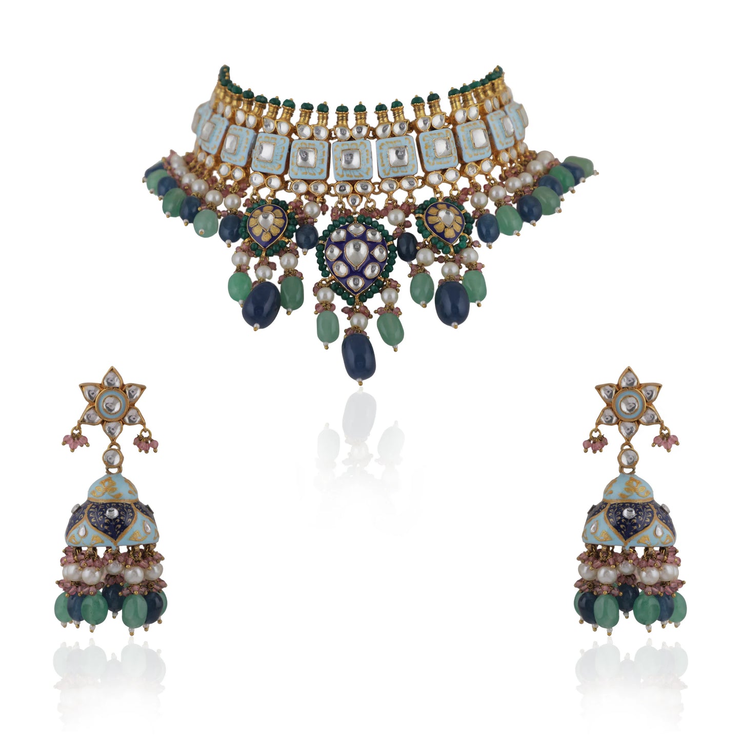 Choker Necklace Design In Multicolour Shades Of Blues And Greens With Jhumki Earings