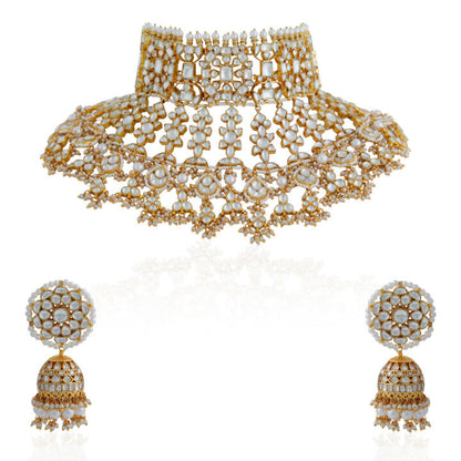 Gold plated White Bridal Necklace with jhumki/Traditional wear Jadau Necklace set