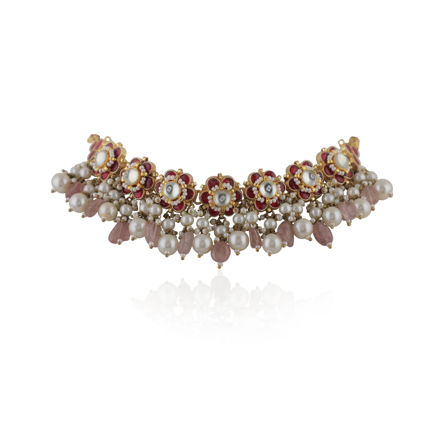 Delicate Choker Necklace With Floral Motives And Jhumki Earings In Pink Stones And Pearl Drops