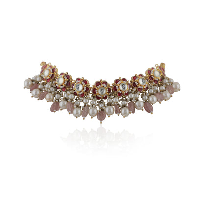 Delicate Choker Necklace With Floral Motives And Jhumki Earings In Pink Stones And Pearl Drops