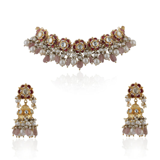 Delicate Choker Necklace With Floral Motives And Jhumki Earings In Pink Stones And Pearl Drops