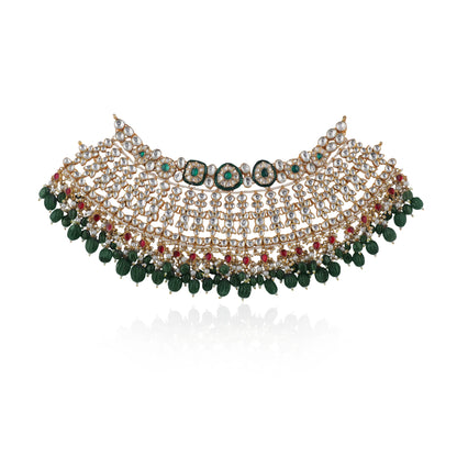 Bridal Necklace Set With Emerald Green And Ruby Pink Stones Embedded With White Jadtar Stones