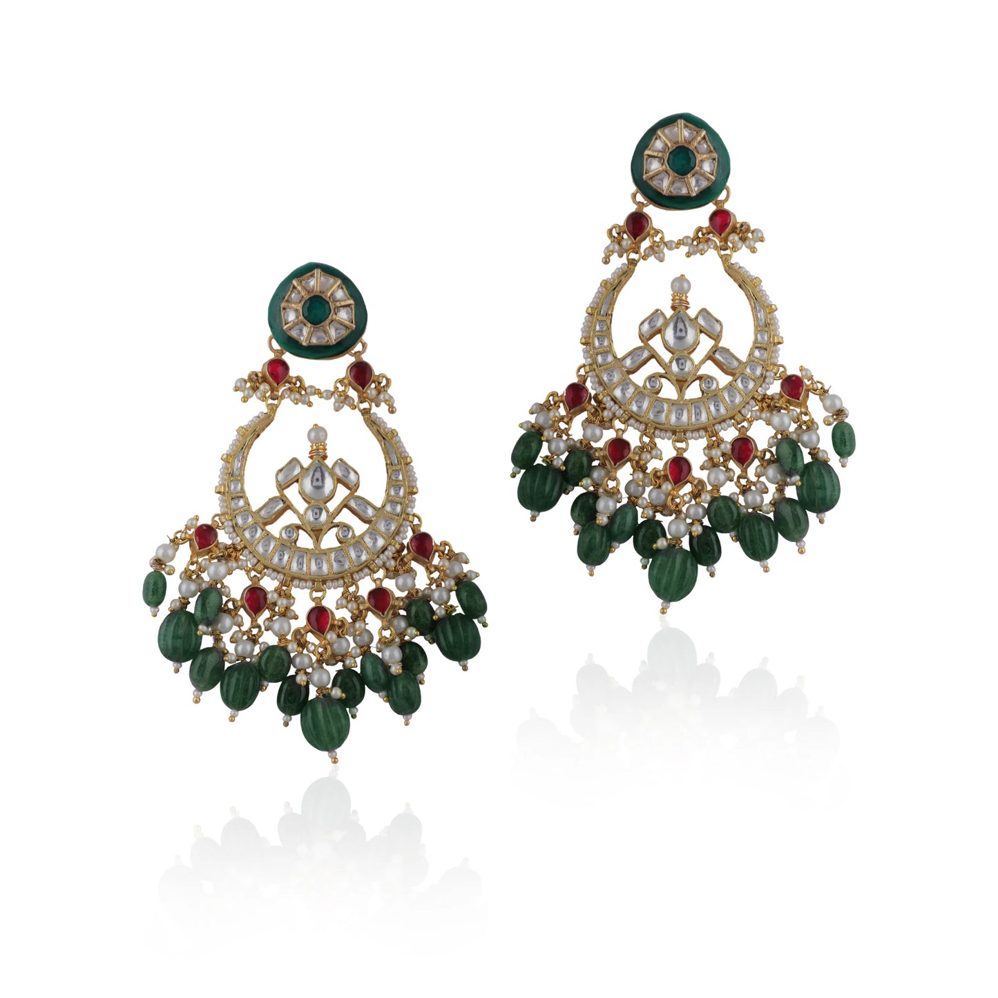Bridal Necklace Set With Emerald Green And Ruby Pink Stones Embedded With White Jadtar Stones