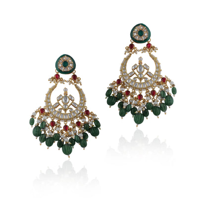 Bridal Necklace Set With Emerald Green And Ruby Pink Stones Embedded With White Jadtar Stones