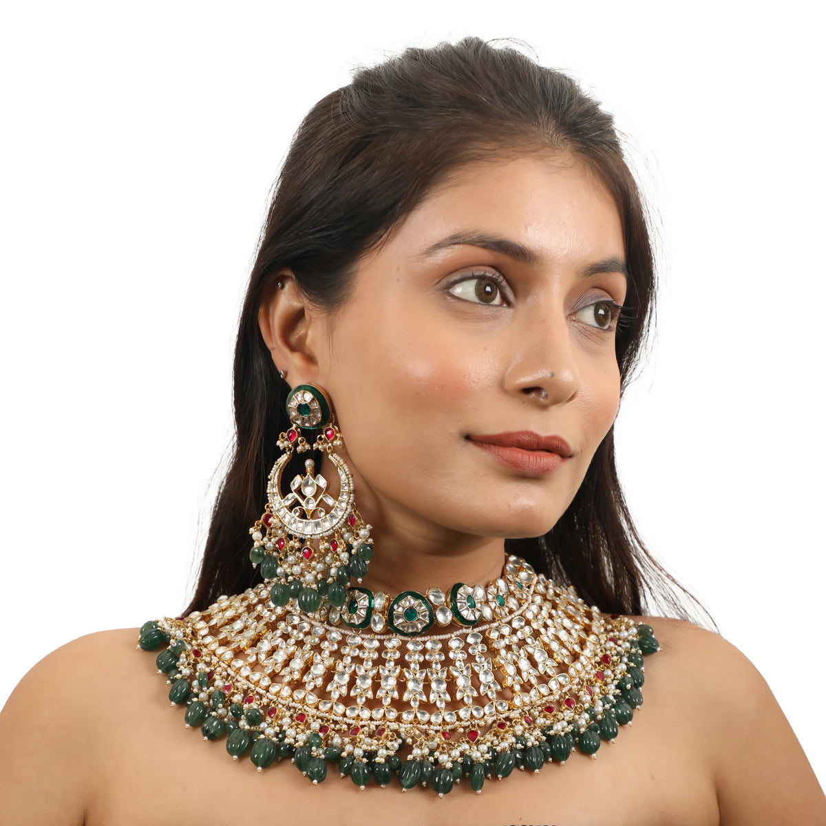 Bridal Necklace Set With Emerald Green And Ruby Pink Stones Embedded With White Jadtar Stones