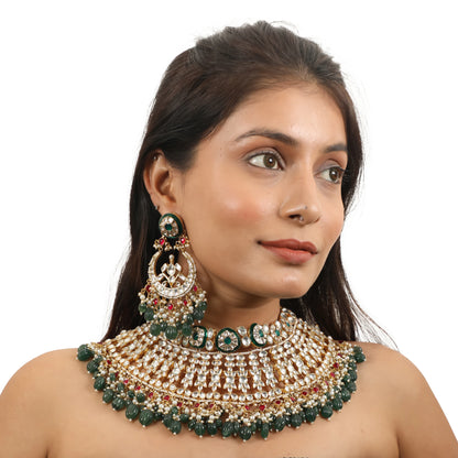 Bridal Necklace Set With Emerald Green And Ruby Pink Stones Embedded With White Jadtar Stones