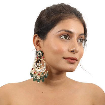 Bridal Necklace Set With Emerald Green And Ruby Pink Stones Embedded With White Jadtar Stones
