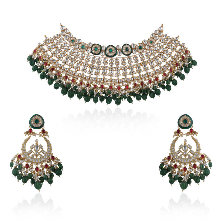 Bridal Necklace Set With Emerald Green And Ruby Pink Stones Embedded With White Jadtar Stones