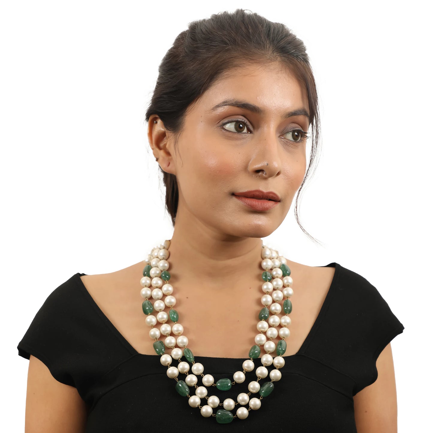 Three String Maala Necklace With Pearls And Emeralds