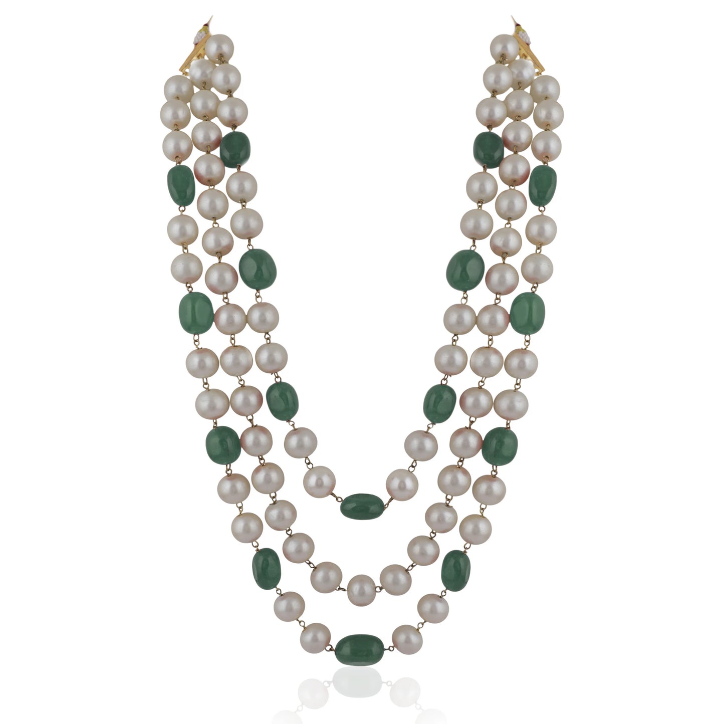 Three String Maala Necklace With Pearls And Emeralds