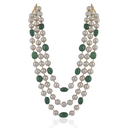 Three String Maala Necklace With Pearls And Emeralds