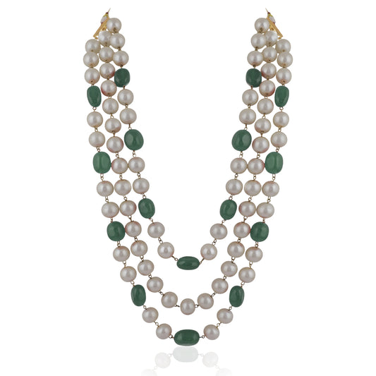 Three String Maala Necklace With Pearls And Emeralds
