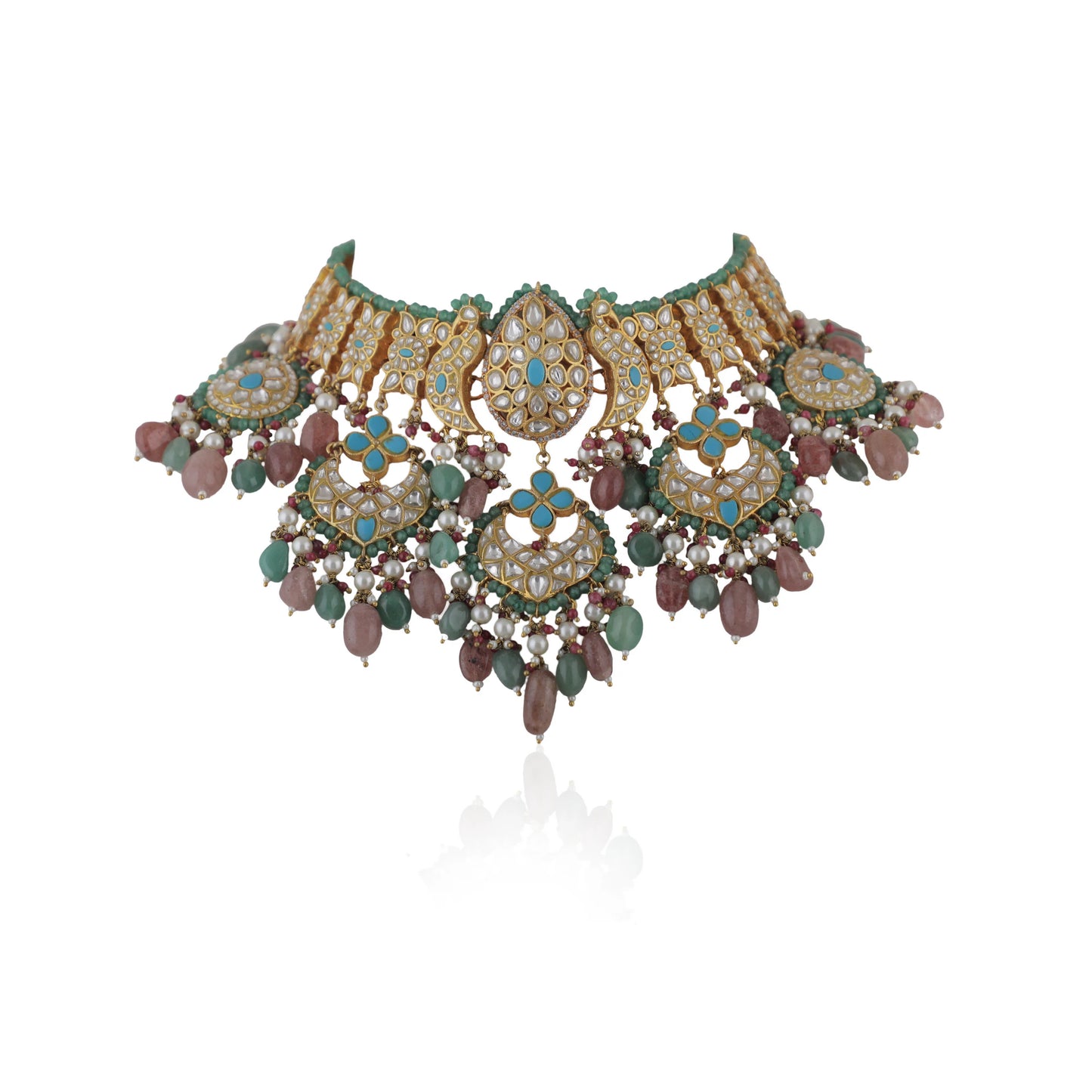 Fushion Necklace With A Touch Of Pastel Colours As Well As Firozi Blue Studded With White Jadtar Stones5