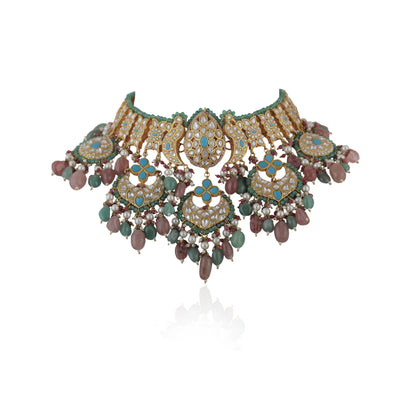 Fushion Necklace With A Touch Of Pastel Colours As Well As Firozi Blue Studded With White Jadtar Stones5