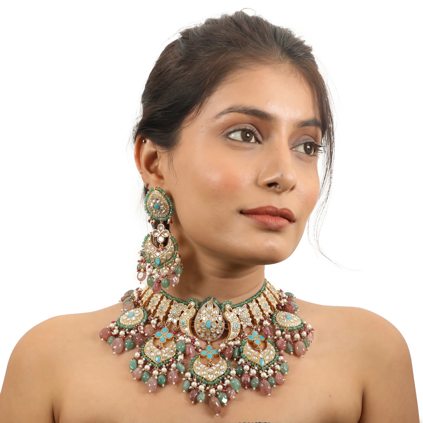 Fushion Necklace With A Touch Of Pastel Colours As Well As Firozi Blue Studded With White Jadtar Stones5