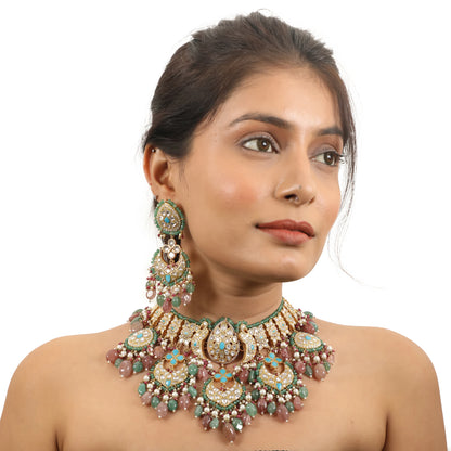 Fushion Necklace With A Touch Of Pastel Colours As Well As Firozi Blue Studded With White Jadtar Stones5