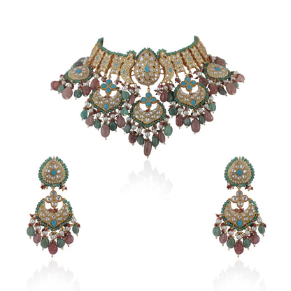 Fushion Necklace With A Touch Of Pastel Colours As Well As Firozi Blue Studded With White Jadtar Stones5